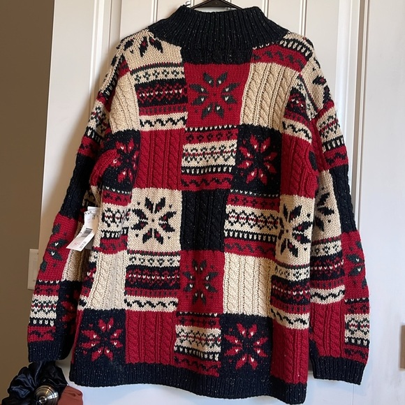 Vtg Jones New York Sweater Women Hand Knit Wool Heavy Holiday Red Green Cream - Picture 4 of 6
